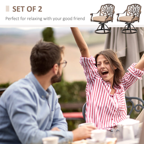 Set of 2 swivel chairs with cushions, aluminium frame, bronze colour.