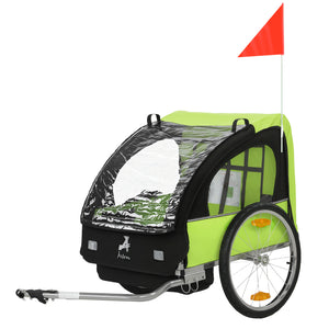 2-seater bicycle trailer with 5-point safety harness and comfortable seat, green