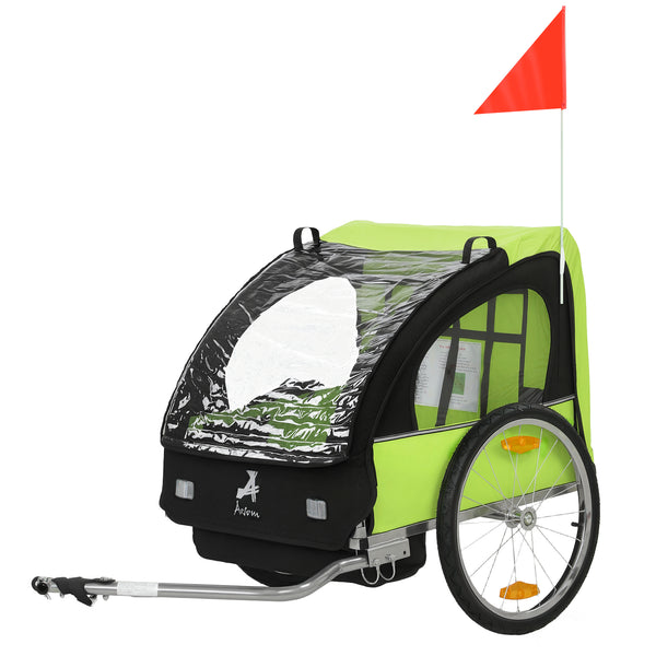 2-seater bicycle trailer with 5-point safety harness and comfortable seat, green