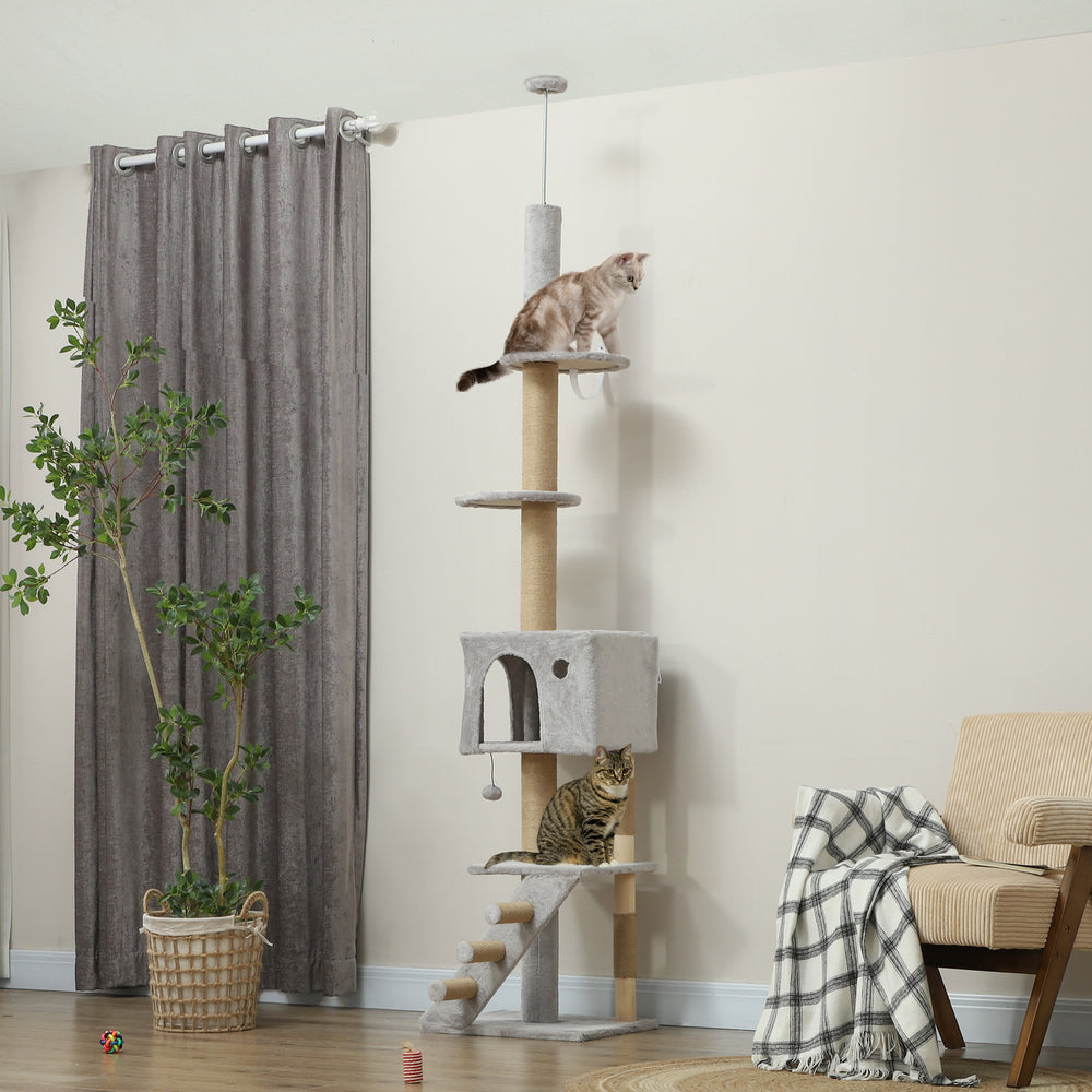 226-254 cm Cat Tree with Scratching Post, House, 3 Steps, Hanging Ball and Perches, Light Grey