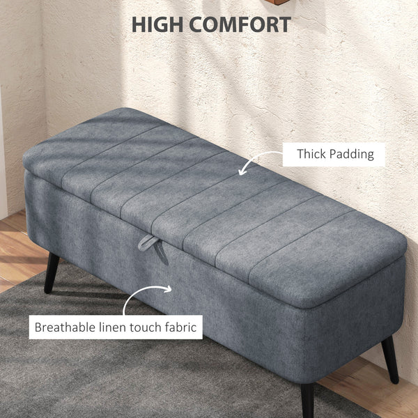 Linen Upholstered Storage Ottoman Bench with Steel Legs, Dark Grey