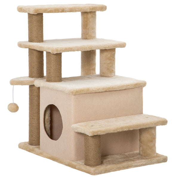 Cat stairs with scratching posts and ball toy, beige