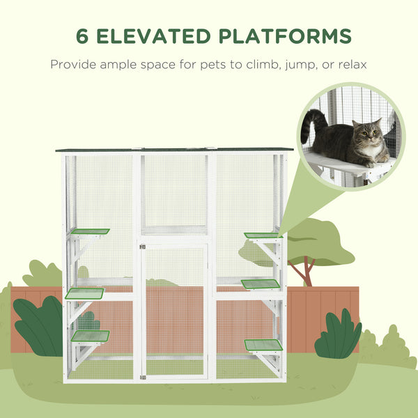 Wooden cat enclosure with 6 balanced platforms and asphalt roof, white
