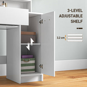 Dressing table with mirror and stool, storage drawer, white