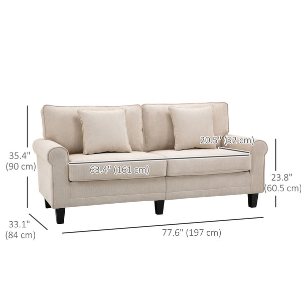 Modern 3-seater sofa in corduroy fabric, pine legs and rolled armrests, beige