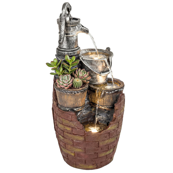 4-Tier Outdoor Fountain with Planter, Waterfall and LED Lighting, Rustic Brown and Grey.