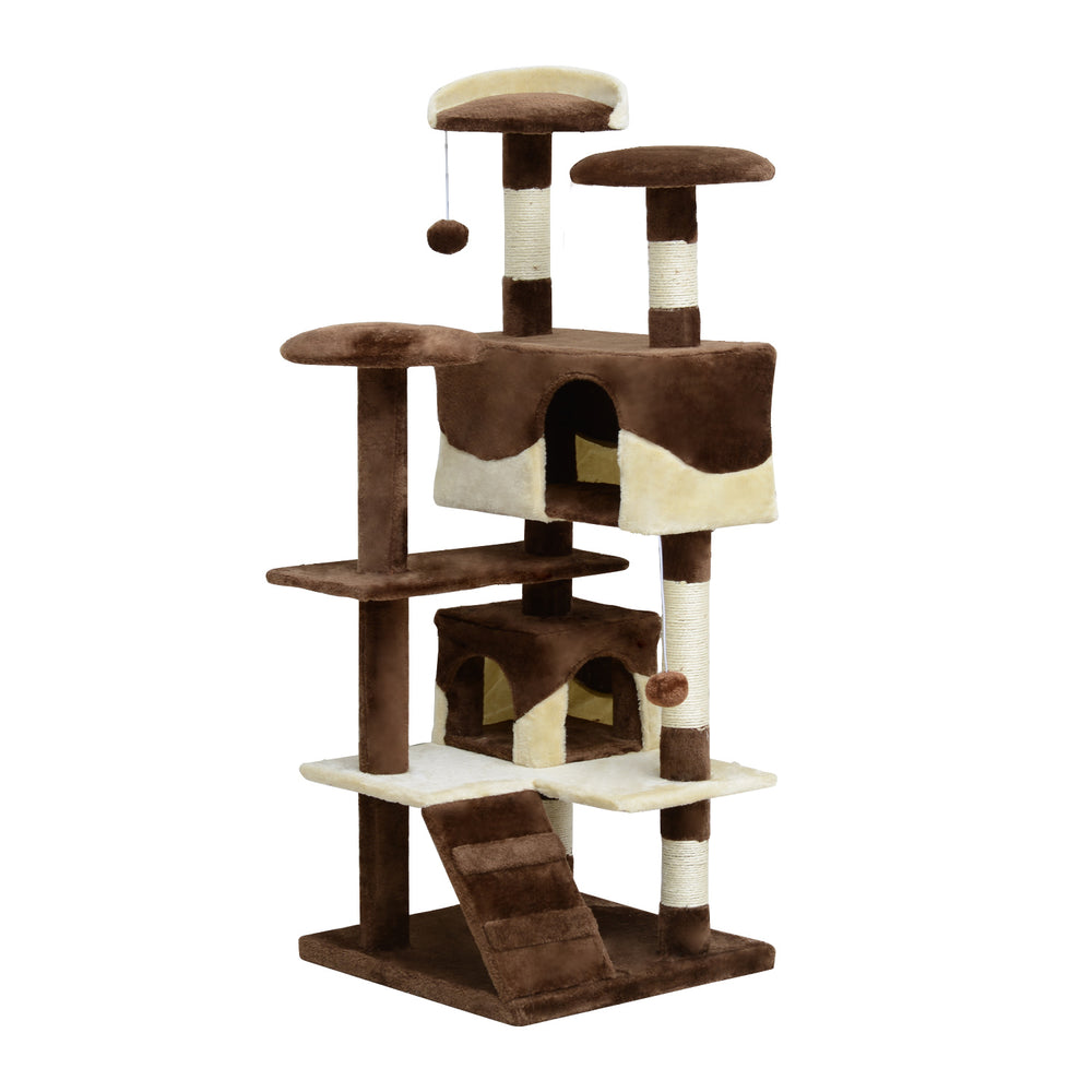 53" Cat Tree with Scratching Post, Large Multi-Level Playhouse, Brown 