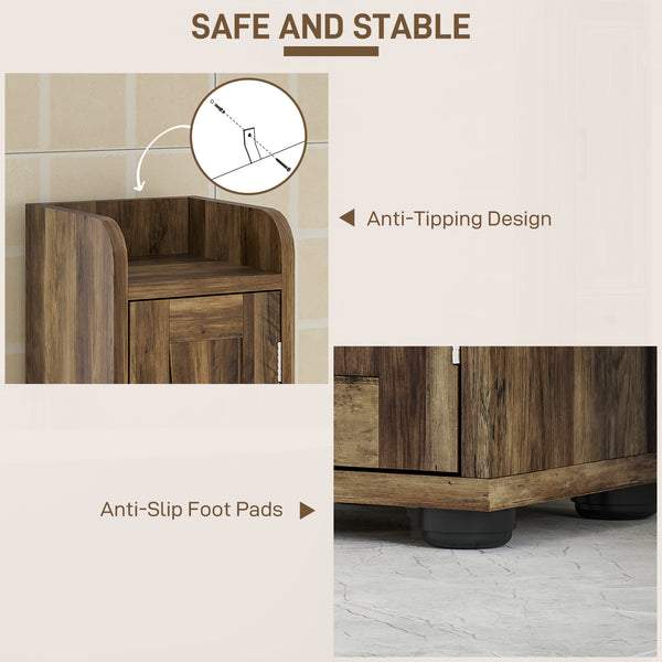 Narrow bathroom vanity, tall with barn doors, drawer and adjustable shelves, brown wood look