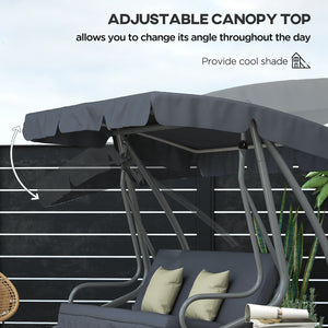 3-Seat Outdoor Patio Swing Canopy Chair, Converting Flat Bed with Adjustable Shade, Cushions, Cup Holder, Dark Grey
