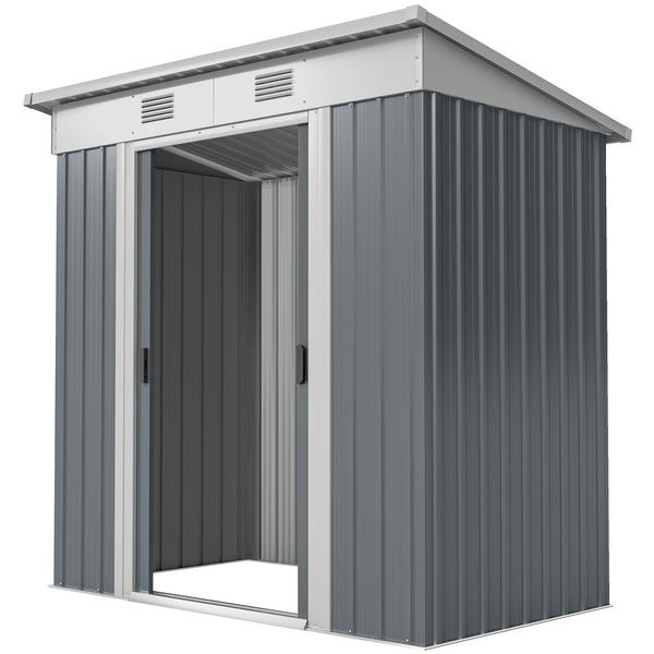 Metal garden shed with lockable sliding doors and ventilation, grey