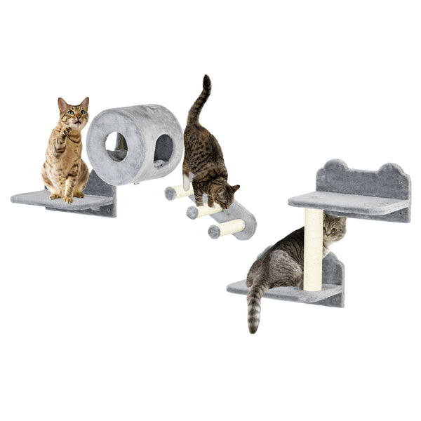 Wall-mounted cat shelves with a hideaway, cushion, scratching post and jumping platform, grey