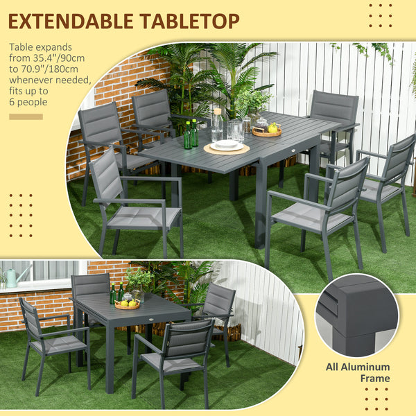 7 Piece Garden Dining Set for 6 People, Extendable Aluminum Outdoor Table, Stackable High Back Chairs, Dark Grey