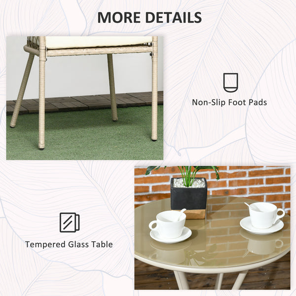 3-piece outdoor bistro set in PE rattan with seat cushions and glass table, beige