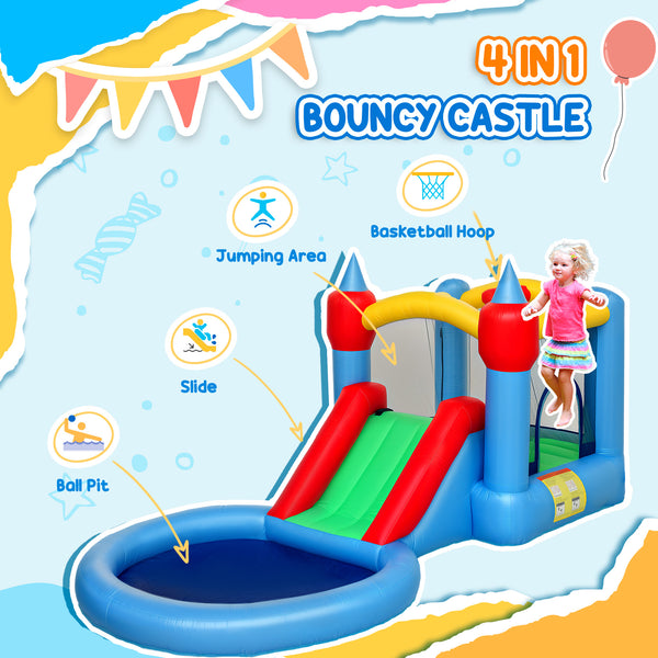 4-in-1 bouncy castle with slide, basketball hoop, ball pit, blower and storage bag