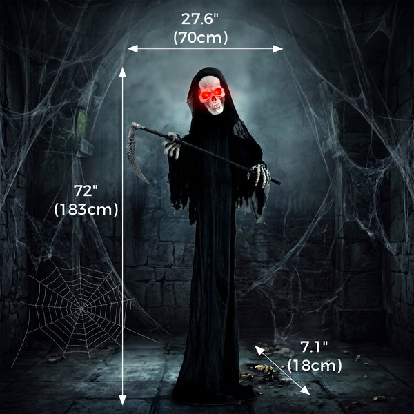 6 ft. Animated Halloween Reaper with Scythe, Red LED Eyes, Sounds and Motion – Black