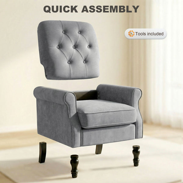 Mid-century modern accent chair with thick padded seat, spring cushion, solid wood legs, gray