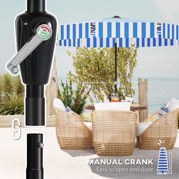 8.7-foot tilting parasol with crank and vent, blue and white 