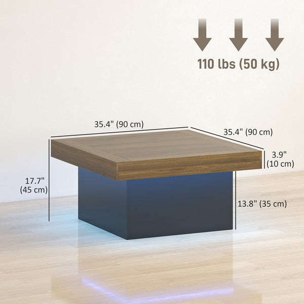 Square coffee table with 16-color LED lighting, walnut