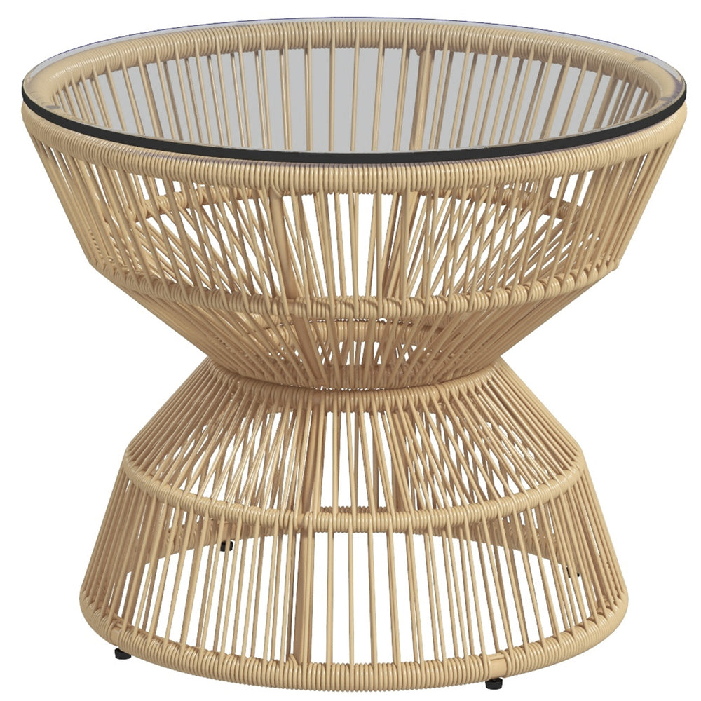 Rattan Outdoor Coffee Table, Patio End Table with Tempered Glass Tabletop & Steel Frame, Wicker Furniture, Nature Wood