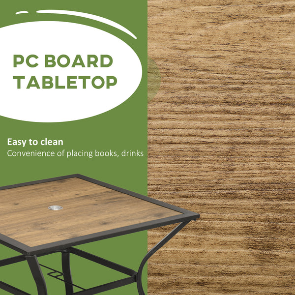 Square garden table with parasol hole, brown