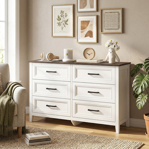 Wide chest of drawers with 6 drawers, storage chest, white