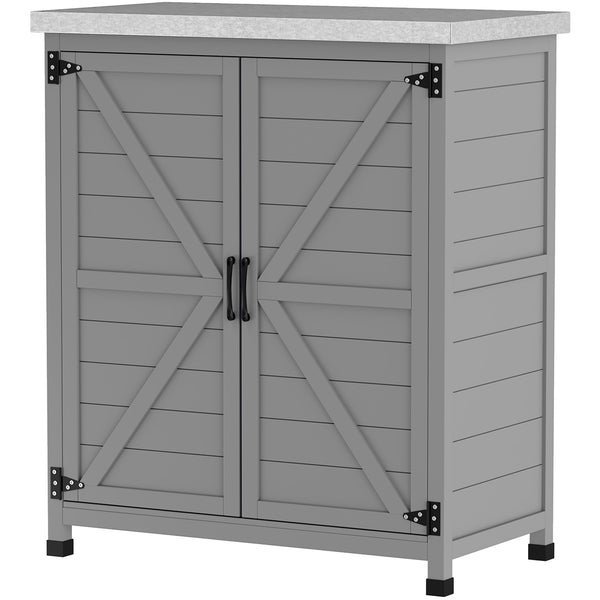 Garden storage unit with metal top, shelf and double door, grey