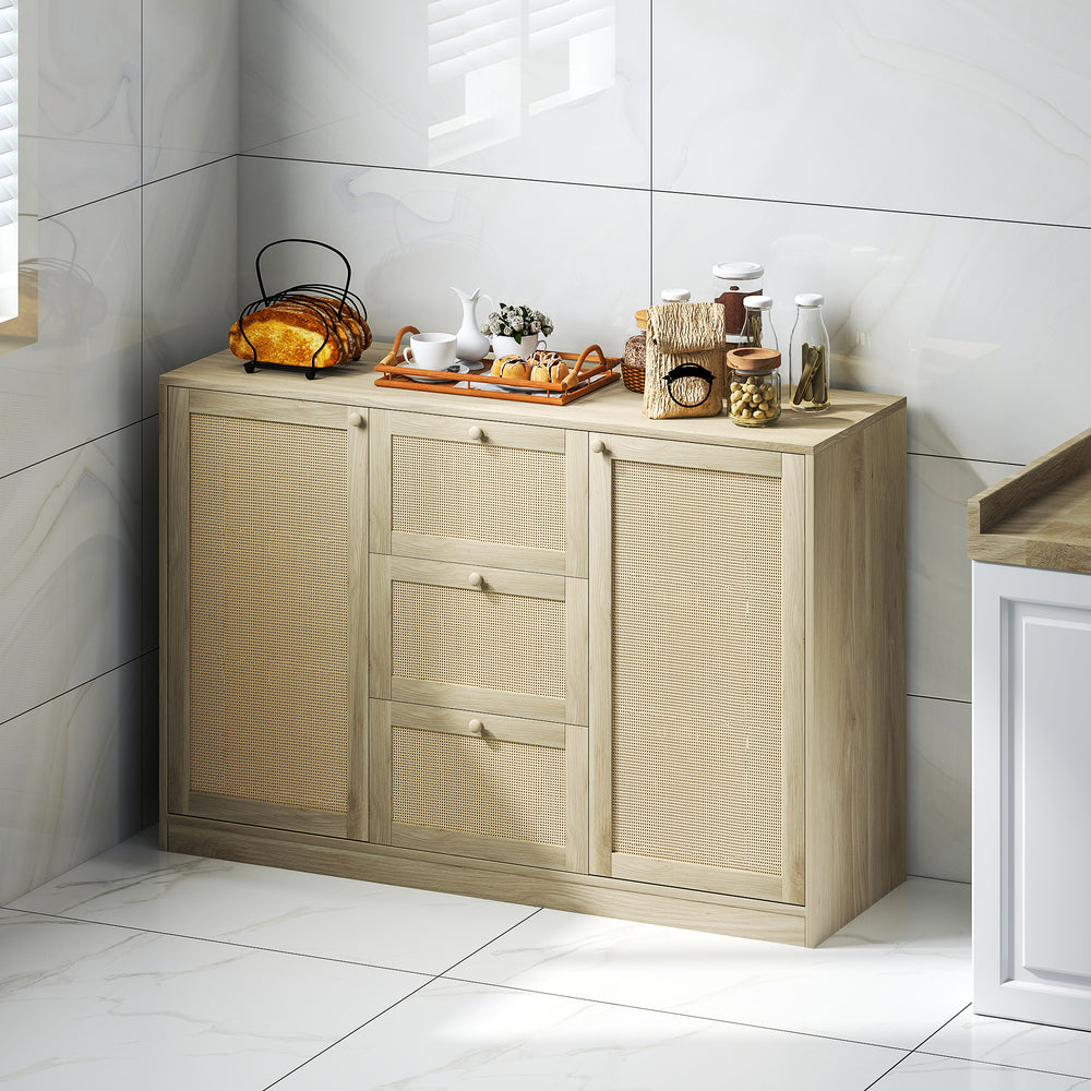 Boho Sideboard with 3 Drawers, 2 Adjustable Shelves and 4 Shelves, Natural