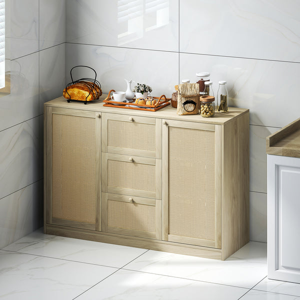 Boho Sideboard with 3 Drawers, 2 Adjustable Shelves and 4 Shelves, Natural