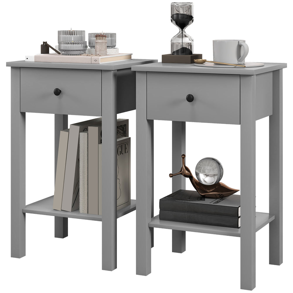 Set of 2 side tables with drawer and lower shelf, gray