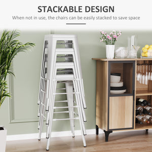 Set of 4 industrial-style metal bar stools, silver grey