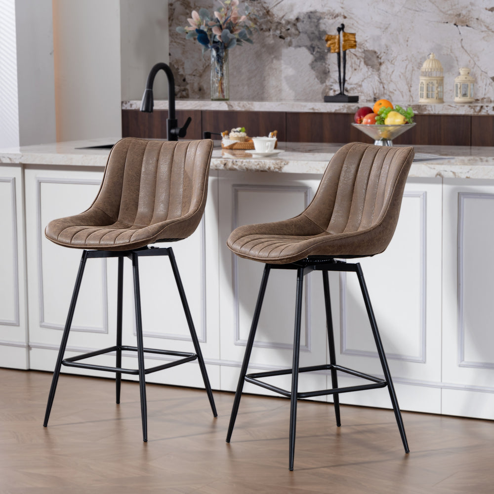 Set of 2 counter-height bar stools, upholstered in PU leather, with backrest, footrest and steel legs, brown