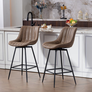 Set of 2 counter-height bar stools, upholstered in PU leather, with backrest, footrest and steel legs, brown