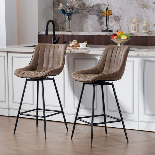Set of 2 counter-height bar stools, upholstered in PU leather, with backrest, footrest and steel legs, brown
