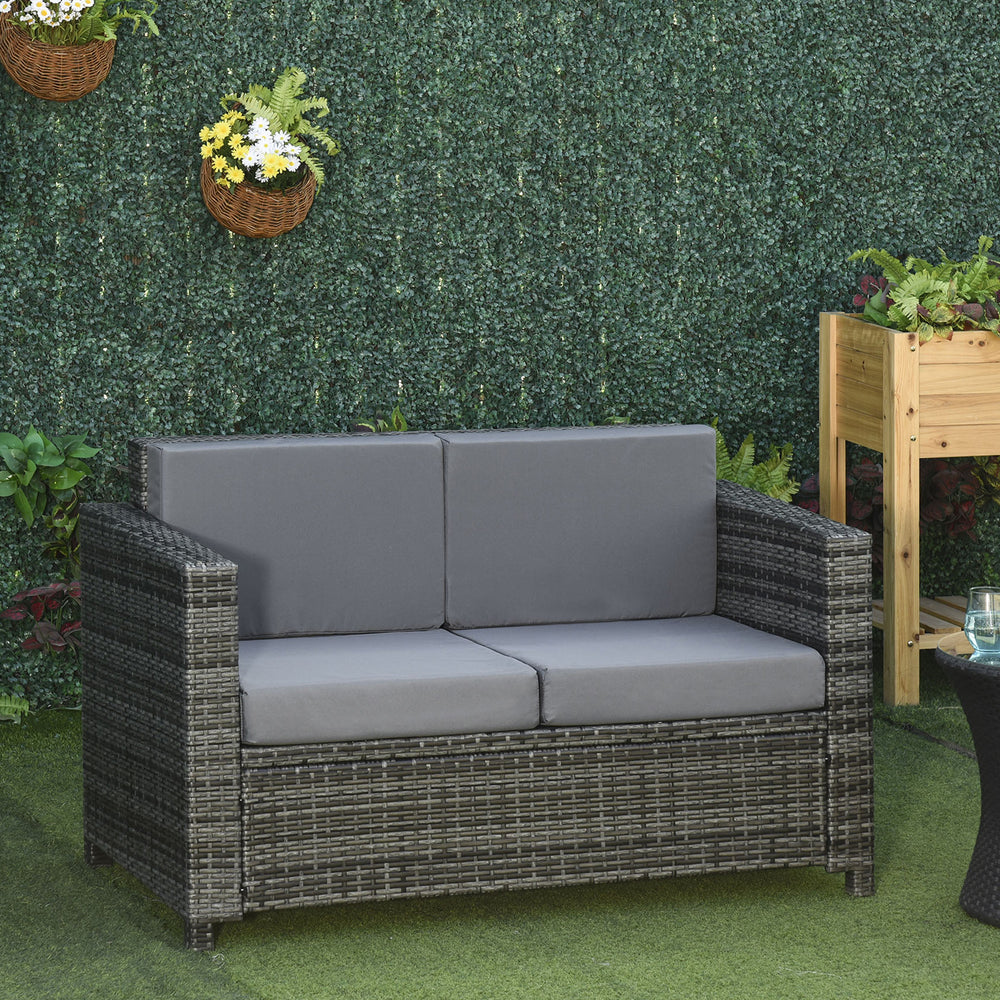 Luxury two-seater resin wicker sofa with cushion, grey