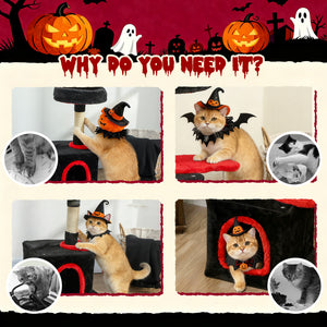 71cm Gothic Cat Tree with Soft Bed, Cozy Cave, Scratching Post and Hanging Ball, Red and Black