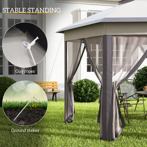 13' x 13' Folding Gazebo with Netting and Carry Bag, Hexagonal, Coffee and Beige