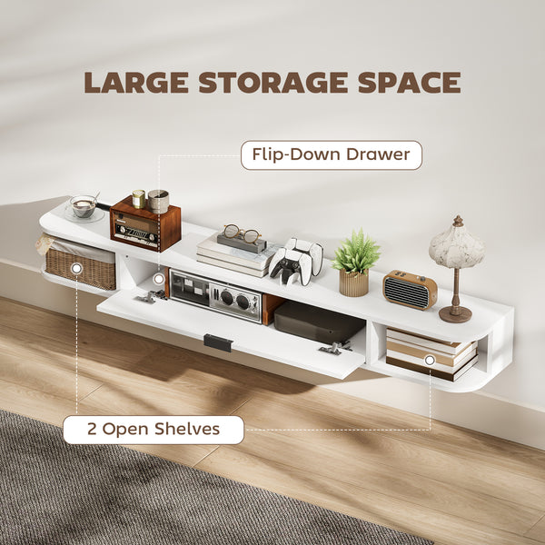 Floating wall-mounted TV unit for TVs up to 60 inches, with a drop-down drawer and 2 open shelves, white