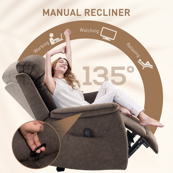 Manual Recliner Chair with Vibration Massage and Side Pockets, Brown