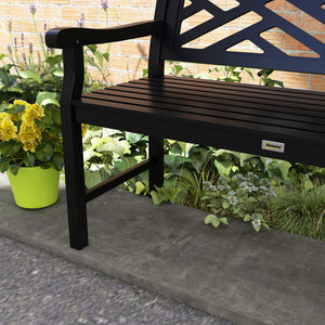 Wooden outdoor bench with slatted frame and armrests, 2 seats, black