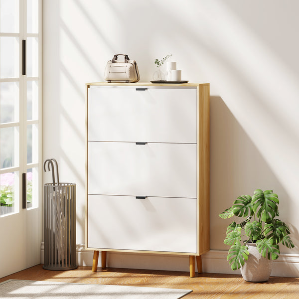 Narrow shoe cabinet, high-gloss finish, with 3 drop-down drawers and adjustable shelves, for 24 pairs, white