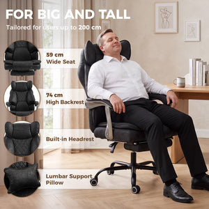 Oversized ergonomic office chair with footrest and 135° reclining backrest, black