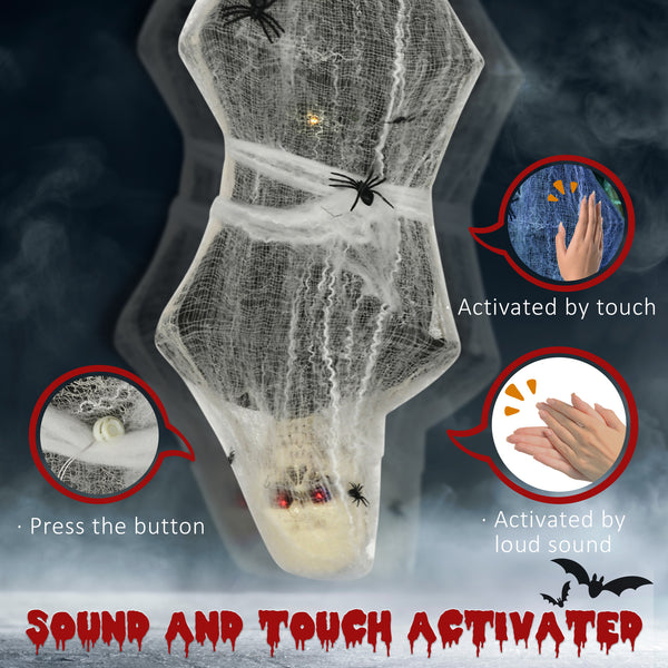 1.4m Life Size Halloween Decoration, Animated Spider Web Hanging Mummy with Sound &amp; Motion Activated, Light-Up Eyes, Spooky Sound