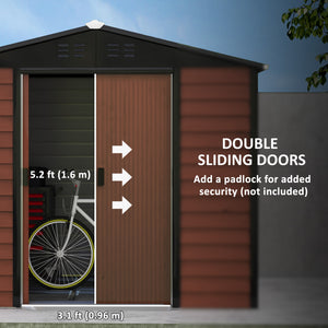 Galvanized steel garden shed with lockable doors and floor structure, teak color