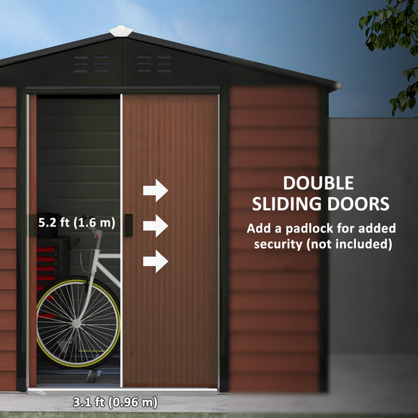 Galvanized steel garden shed with lockable doors and floor structure, teak color