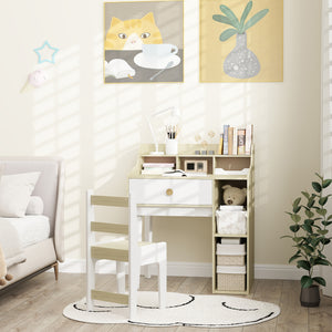 Desk and chair set with storage shelves and drawer, white