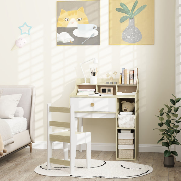 Desk and chair set with storage shelves and drawer, white