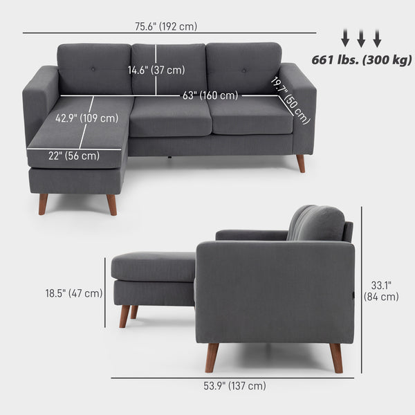 Sectional sofa with convertible chaise longue, dark gray
