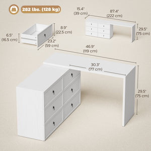 Convertible L-shaped or straight computer desk with 6 drawers and double storage – White wood-effect