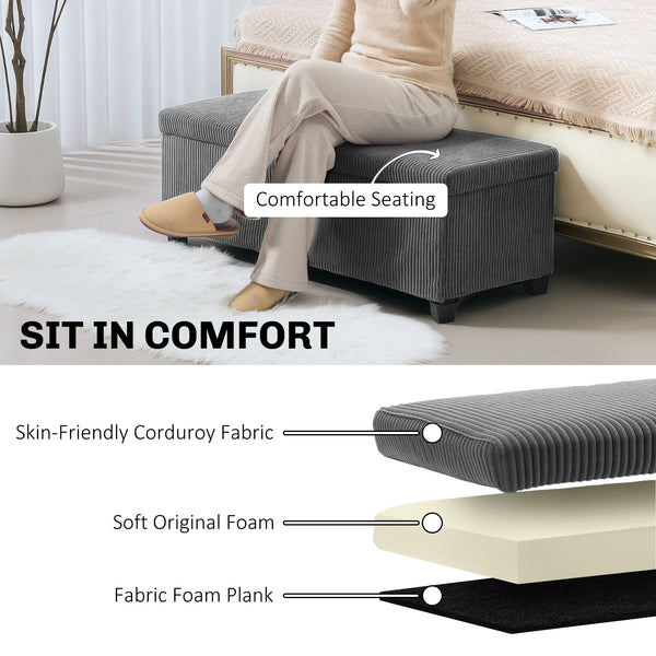 Corduroy storage ottoman bench with padded seat – Grey