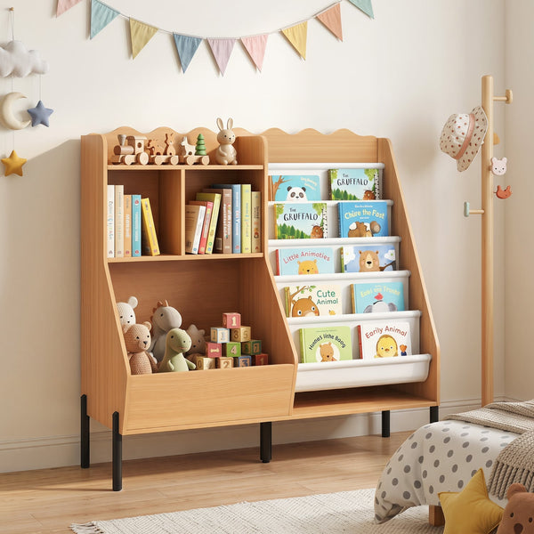 Children's bookcase and toy storage organizer wooden bookshelf with 5 fabric pockets - Natural